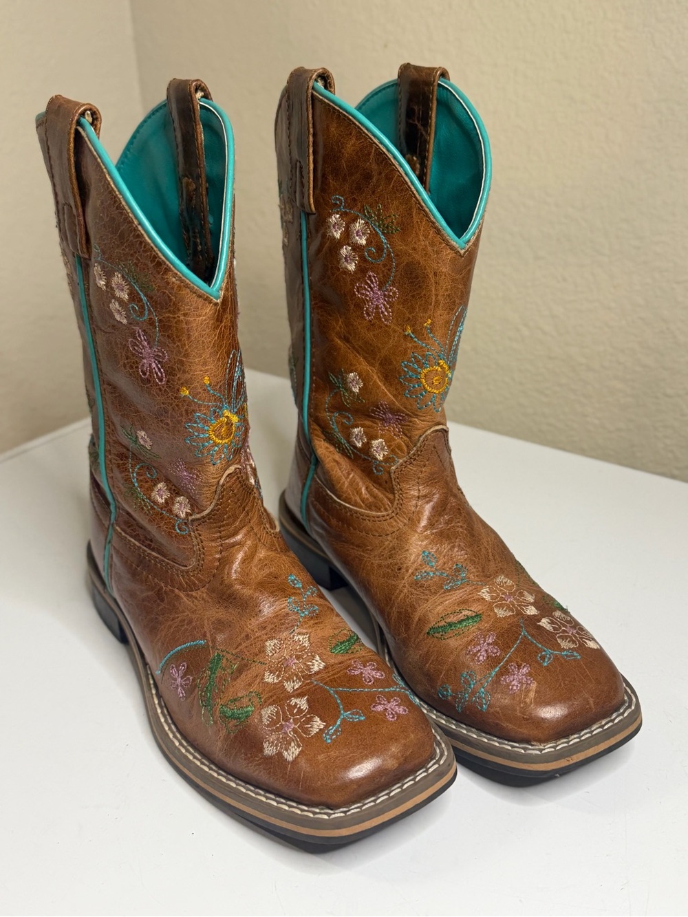 Smoky Mountain Girls Size 2 Cowboy Boots Brown Floral Butterfly Leather